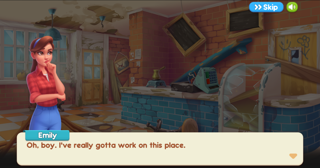 Emily in the run-down family cafe during the opening scene of the CrazyGames-hosted Piece of Cake: Merge and Bake build